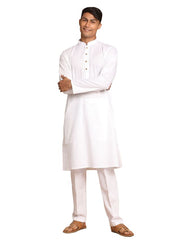 Vastramay Men's White Cotton Blend Kurta Pyjama Set