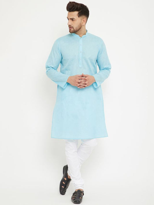 VM by Vastramay Men's Aqua Blue And White Cotton Blend Kurta Pyjama Set