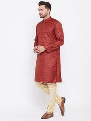 VM by Vastramay Men's Maroon And Gold Silk Blend Kurta Pyjama Set