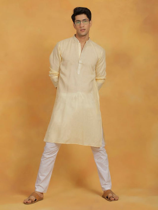 VASTRAMAY Men's Cream And White Cotton Kurta Pyjama Set