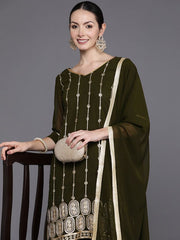 Indo Era Green Embroidered Straight Kurta Sharara With Dupatta Set