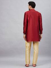 VM Men's Maroon And Gold Cotton Blend Kurta Pyjama Set