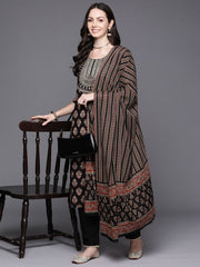 Indo Era Black Embroidered Straight Kurta Trousers With Dupatta Set