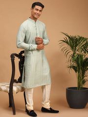 Shrestha By Vastramay Men's Green And Cream Cotton Blend Kurta Pyjama Set