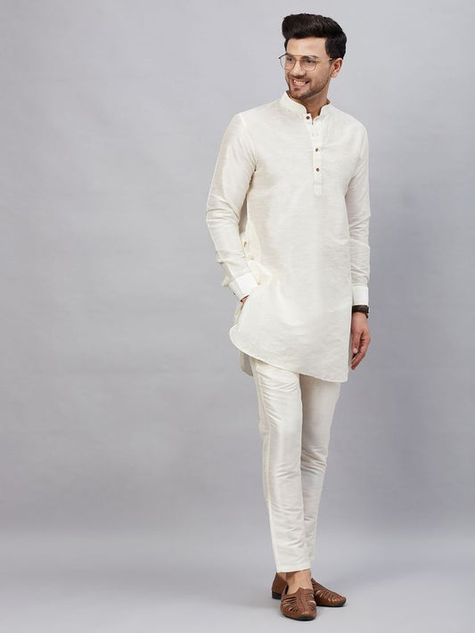 VM Men's Cream And Cream Cotton Blend Kurta Pyjama Set