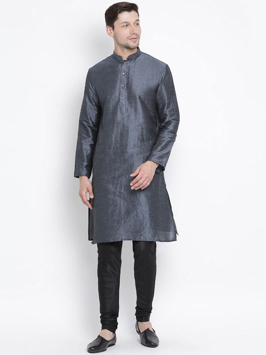 VM by Vastramay Men's Grey Silk Blend Kurta Pyjama Set