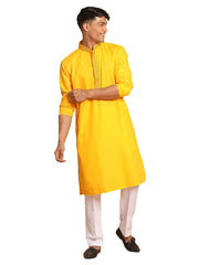 Vastramay Men's Yellow And White Cotton Blend Kurta Pyjama Set