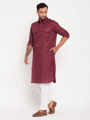 VM Men's Purple And White Cotton Blend Kurta Pyjama Set