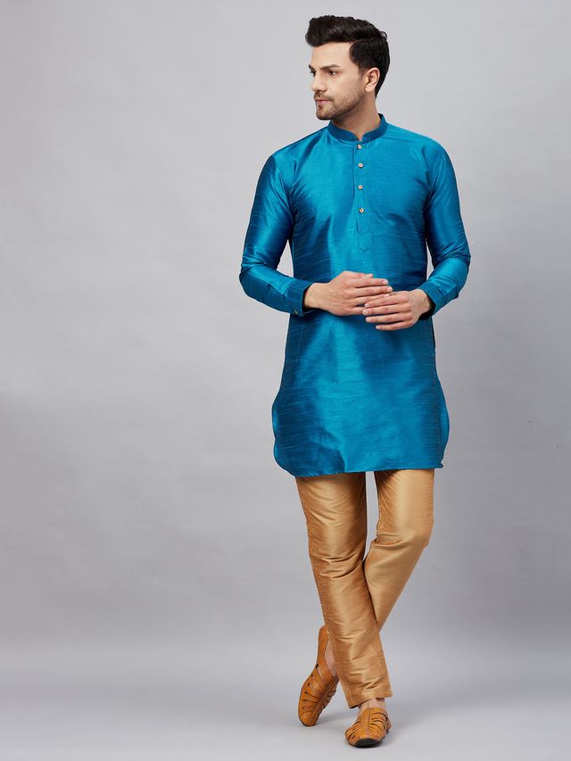 VM Men's Turquoise And Rose Gold Cotton Blend Kurta Pyjama Set