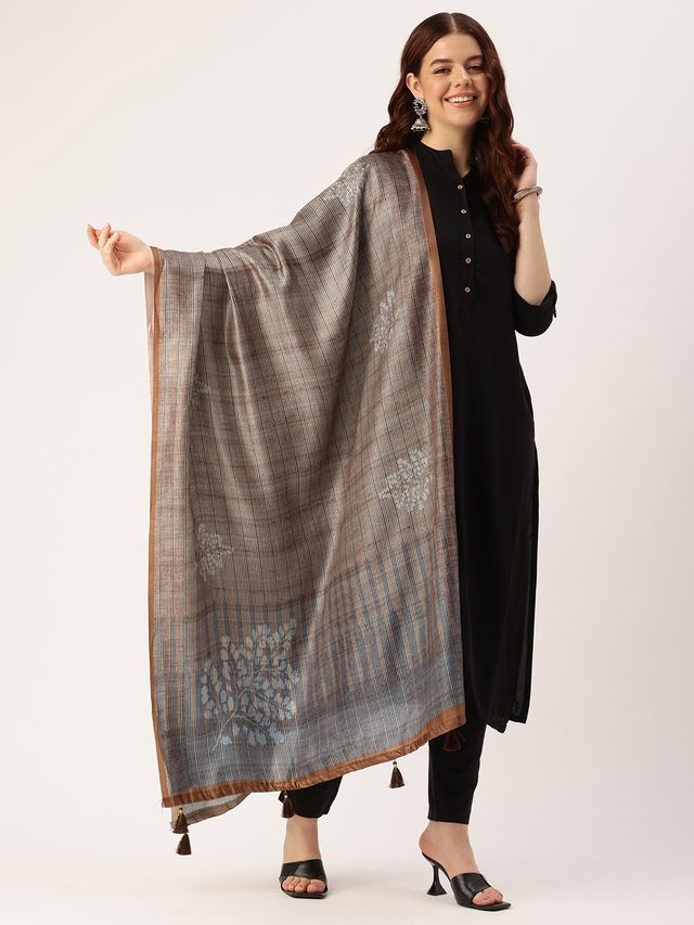 Sangam Prints Brown Art Silk Printed Traditional Tassel Dupatta