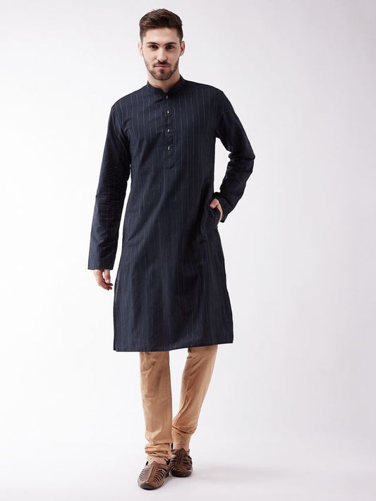 Vastramay Men's Navy Blue And Rose Gold Cotton Blend Kurta Pyjama Set