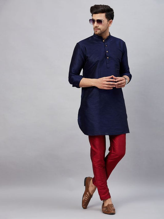 VM Men's Navy Blue And Maroon Cotton Blend Kurta Pyjama Set