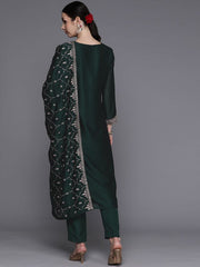 Indo Era Green Embroidered Straight Kurta Trousers With Dupatta Set