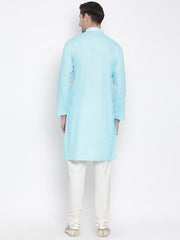 Vastramay Men's Light Blue Cotton Linen Blend Kurta Pyjama Set