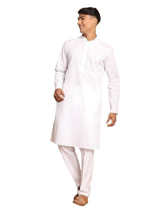 VM by Vastramay Men's White Cotton Blend Kurta Pyjama Set