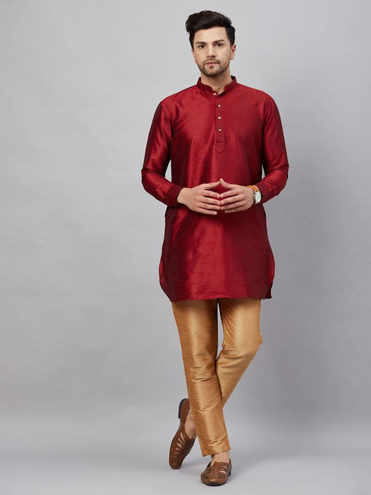 VM Men's Maroon And Rose Gold Cotton Blend Kurta Pyjama Set