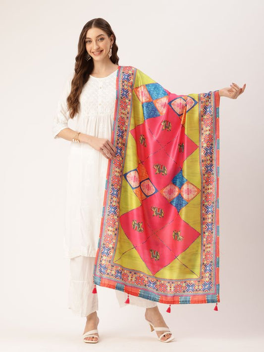 Sangam Prints Multi color Art Silk Printed Traditional Tassel Dupatta