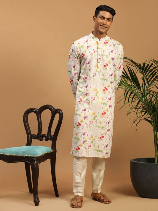 Vastramay Men's Cream Cotton Blend Kurta Pyjama Set