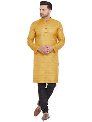 VM by Vastramay Men's Mustard And Black Silk Blend Kurta Pyjama Set