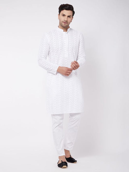 Vastramay Men's White Pure Cotton Kurta Pyjama Set