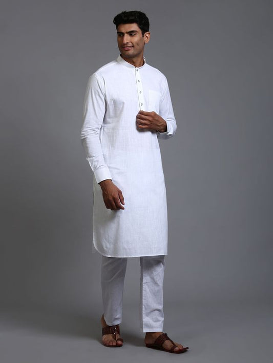 VM Men's White Cotton Linen Kurta Pyjama Set