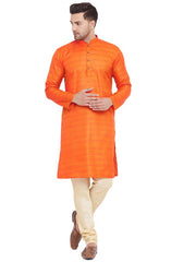 VM by Vastramay Men's Orange And Gold Silk Blend Kurta Pyjama Set