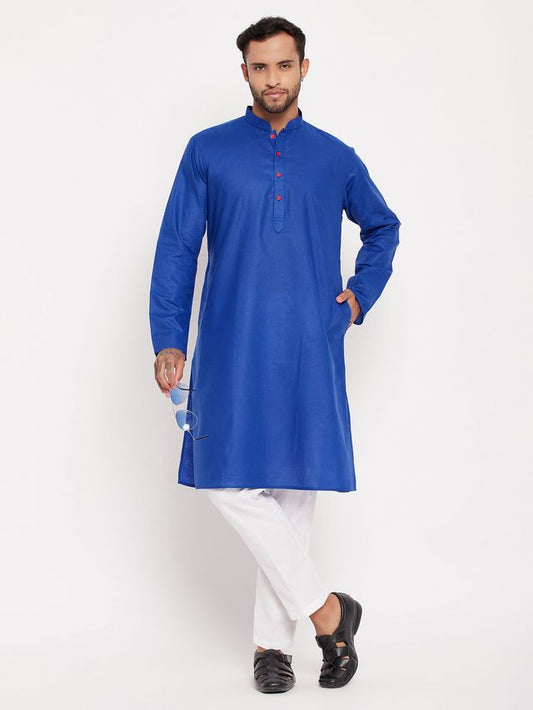 VM Men's Blue And White Cotton Kurta Pyjama Set