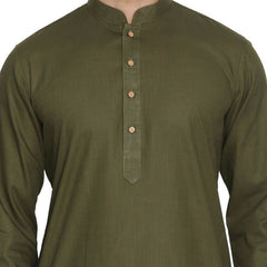 Vastramay Men's Green Cotton Linen Blend Kurta Pyjama Set