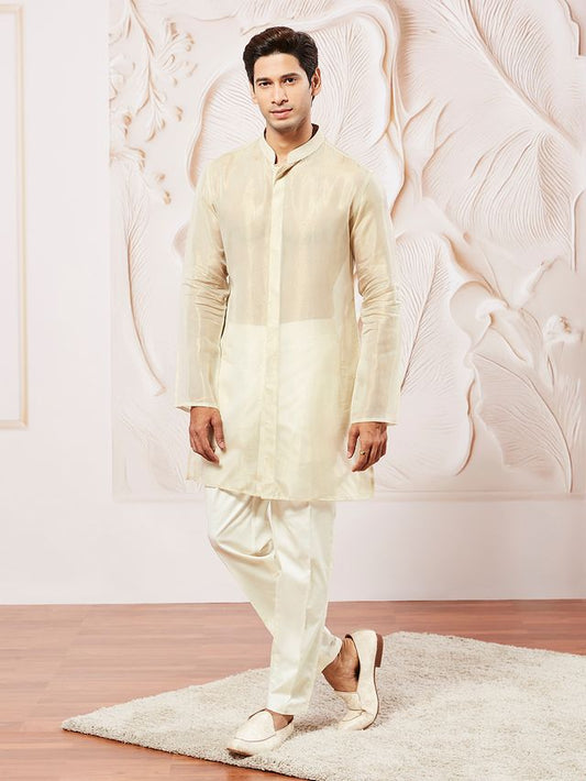 VASTRAMAY Men's Beige Tissue Silk Kurta Pyjama Set