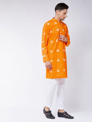 Vastramay Men's Orange And White Pure Cotton Kurta Pyjama Set