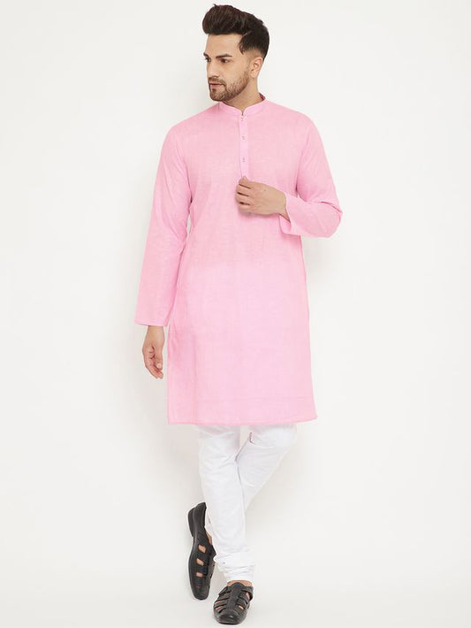 VM by Vastramay Men's Pink And White Cotton Blend Kurta Pyjama Set