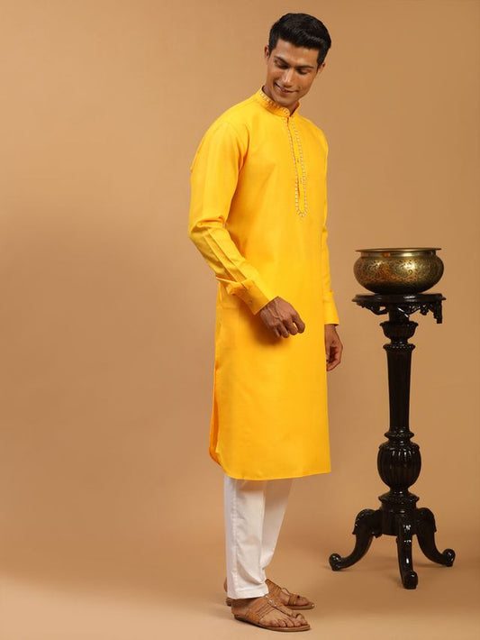 Vastramay Men's Yellow Cotton Blend Kurta & Pyjama Set