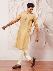 VASTRAMAY Men's Gold Tissue Silk Kurta Pyjama Set