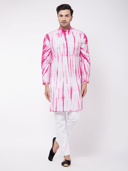 Vastramay Men's Pink And White Pure Cotton Kurta Pyjama Set