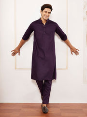 VASTRAMAY Men's Purple Cotton Blend Kurta Pyjama Set