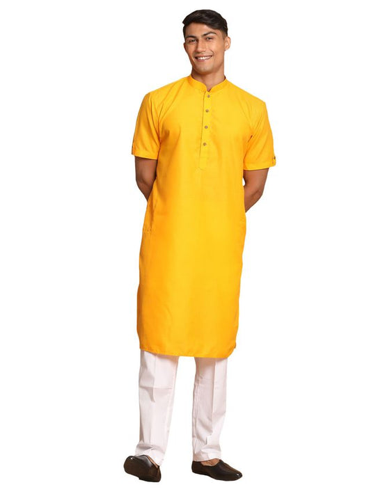 VM by Vastramay Men's Mustard And White Cotton Blend Kurta Pyjama Set