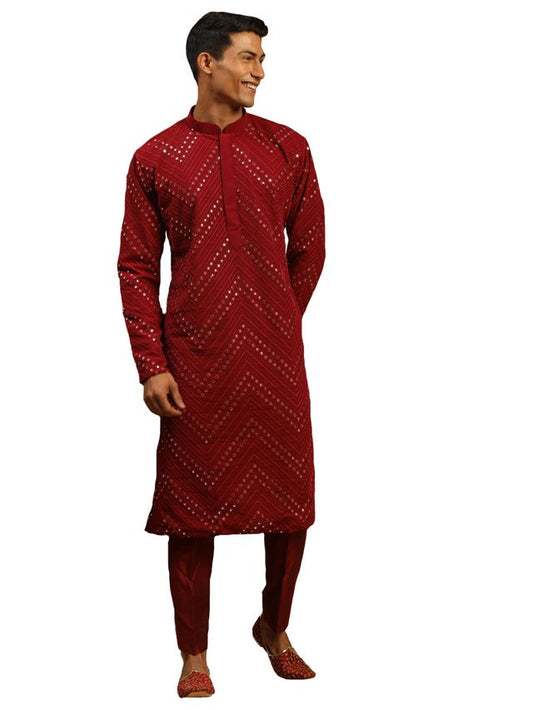 Shrestha By Vastramay Men's Maroon Georgette Kurta Pyjama Set