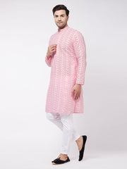 Vastramay Men's Pink And White Pure Cotton Kurta Pyjama Set