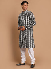 Vastramay Men's Black And White Pure Cotton Kurta Pyjama Set