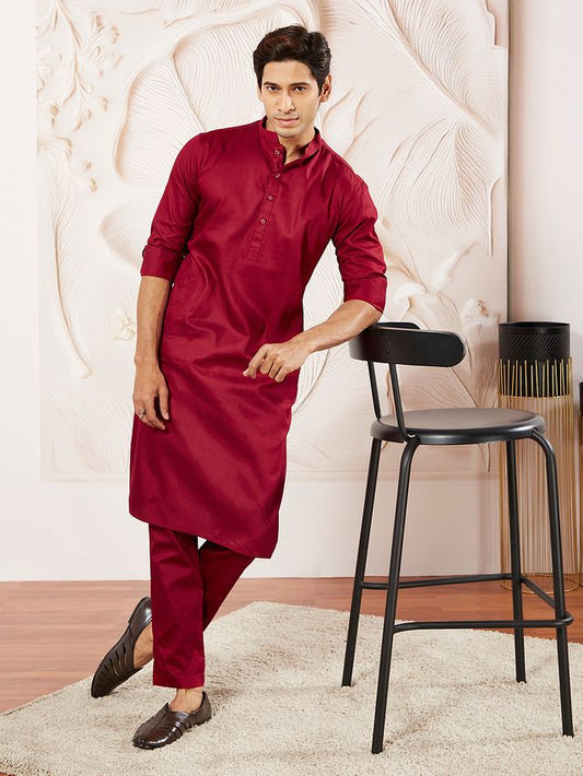 VASTRAMAY Men's Maroon Cotton Blend Kurta Pyjama Set