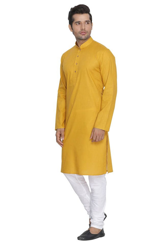 Vastramay Men's Yellow Cotton Linen Blend Kurta Pyjama Set