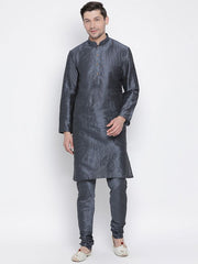 VM by Vastramay Men's Grey Silk Blend Kurta Pyjama Set