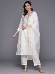 Indo Era White Embroidered Straight  Kurta Trousers With Dupatta Set