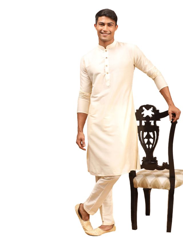 Shrestha By Vastramay Men's Cream Viscose Kurta Pyjama Set