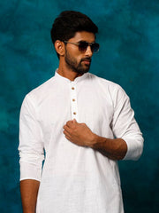 VASTRAMAY Men's White And Black Cotton Blend Kurta Pyjama Set