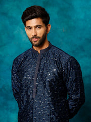 VM Men's Navy Blue And Rose Gold Silk Blend Kurta Pyjama Set