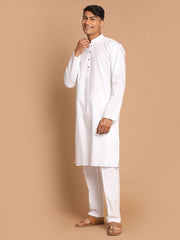 Vastramay Men's White Cotton Blend Kurta Pyjama Set