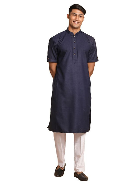 VM by Vastramay Men's Navy Blue And White Cotton Blend Kurta Pyjama Set