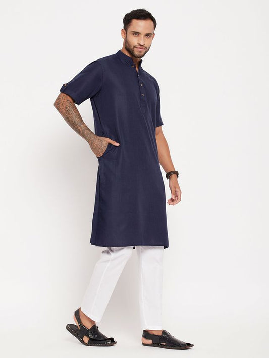 VM Men's Navy Blue And White Cotton Kurta Pyjama Set