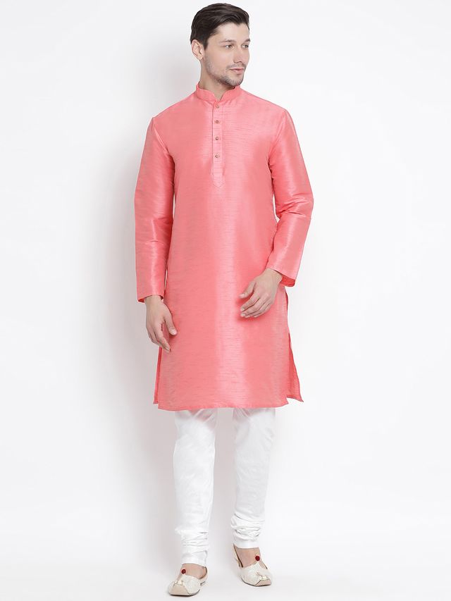 VM by Vastramay Men's Pink Silk Blend Kurta Pyjama Set